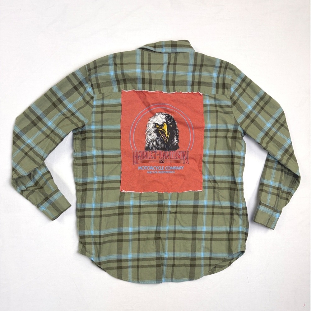 Harley-Davidson Mens Green Plaid Eagle Graphic Patch Flannel Shirt Medium